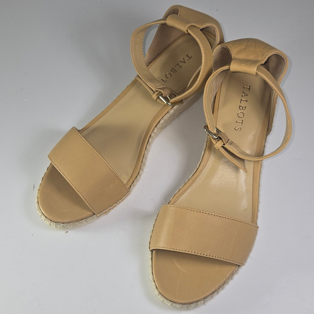 Talbots Tan Leather Ankle Strap Espadrille Wedge Sandals Women's 8.5M